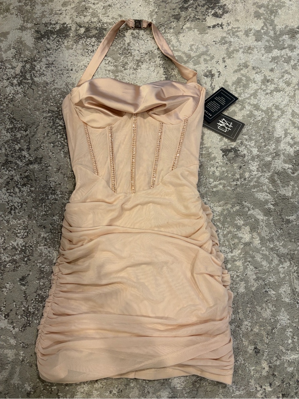 dressmezee Blush Pink Halter Ruched Bodycon Dress